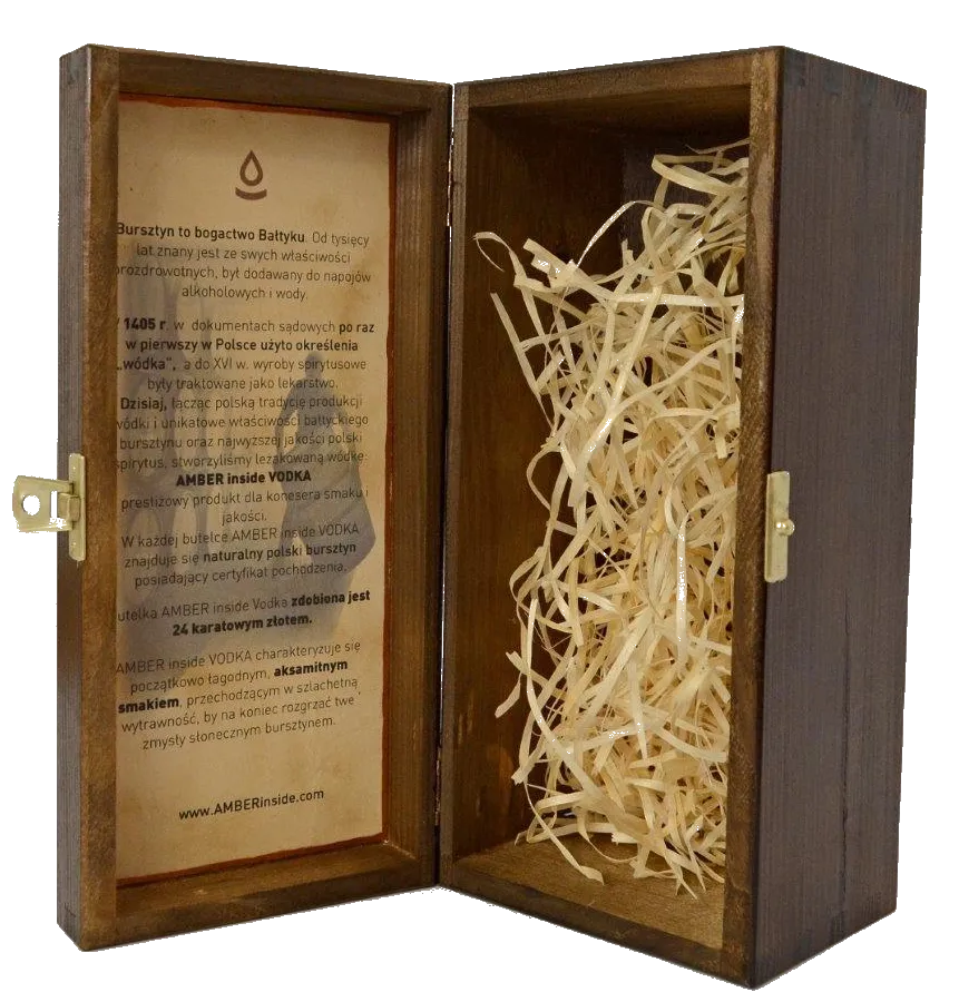 Open handmade AMBER inside Vodka wooden box